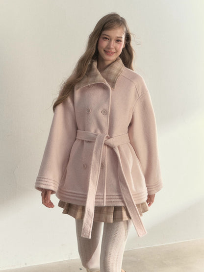 Plaid-Collar Double-Breasted Wool Coat