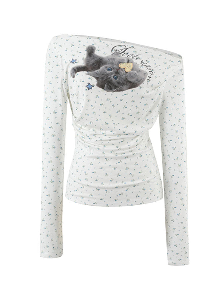 Floral Cat V-Neck Slim Tee