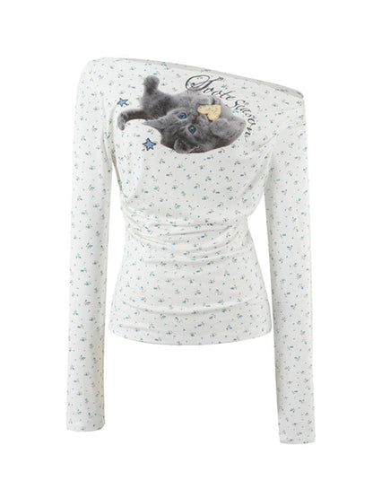 Floral Cat V-Neck Slim Tee