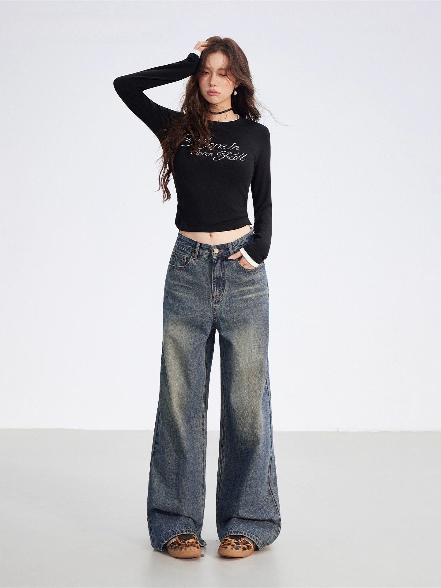 Faux-Layered Rhinestone Letter Fitted T-Shirt