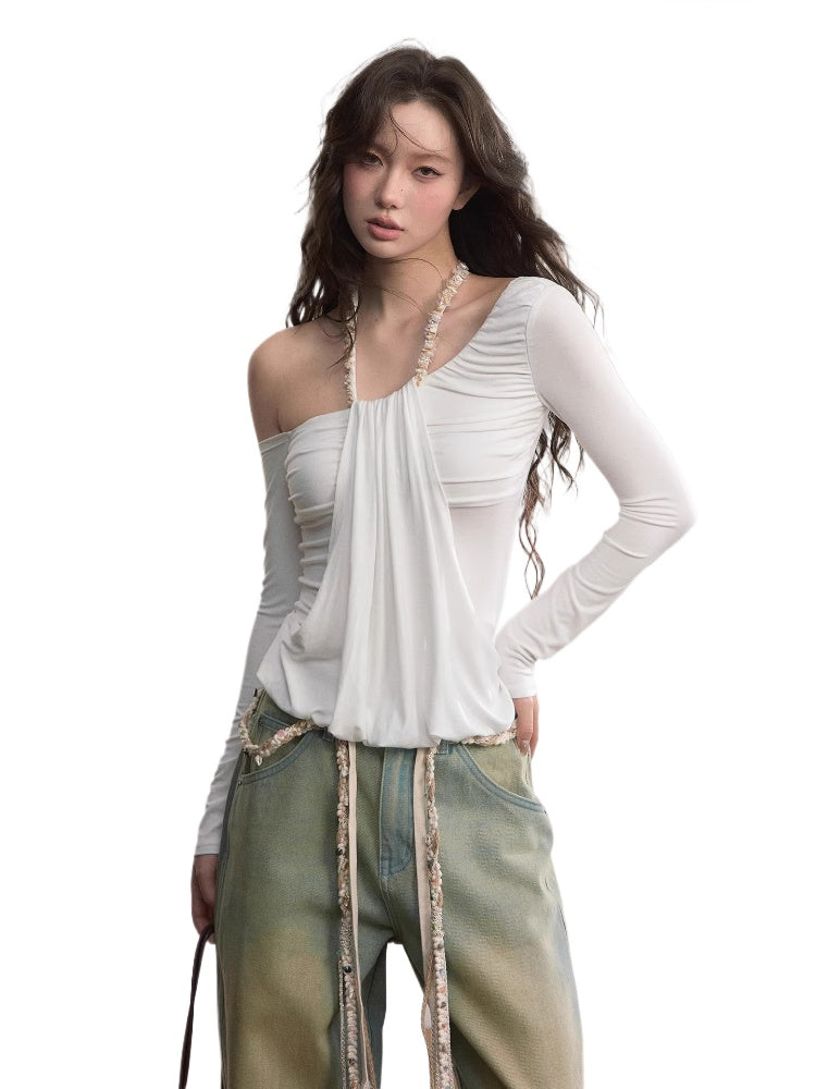 Asymmetric Off-Shoulder Faux Two-Piece T-shirt
