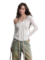 Asymmetric Off-Shoulder Faux Two-Piece T-shirt