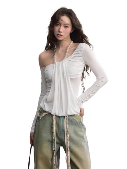 Asymmetric Off-Shoulder Faux Two-Piece T-shirt