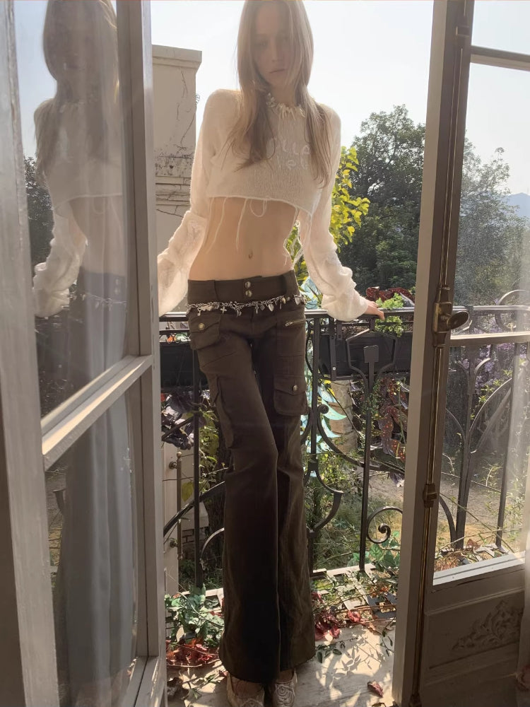 Washed Canvas Cargo Flare Pants