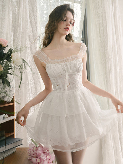 White Embroidered Puff Dress