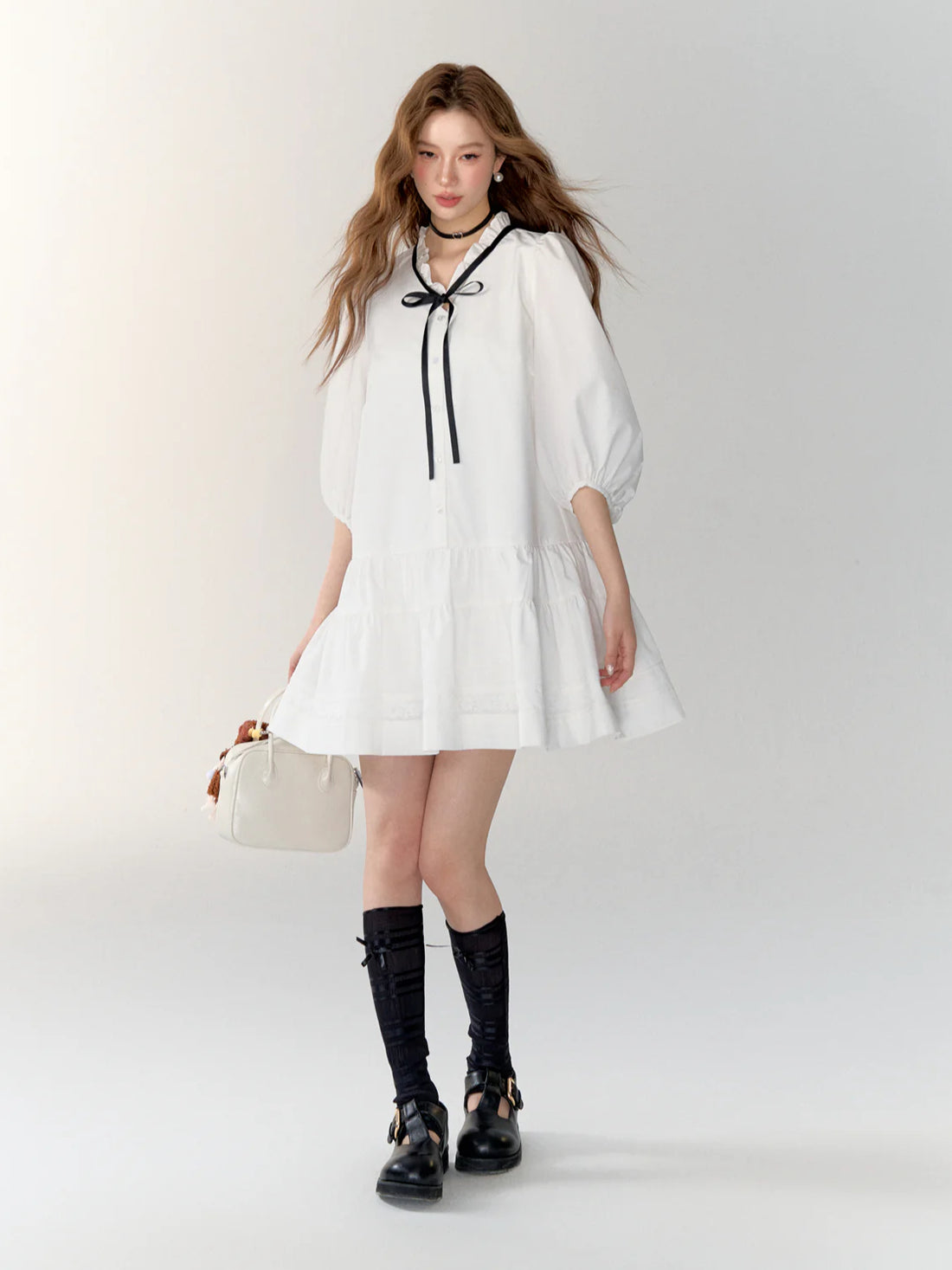 White Bowknot Tied Pleated Shirt Dress