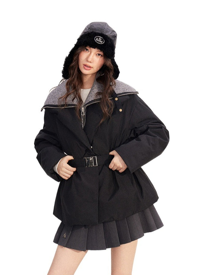 Belted Contrast-Knit Collar Down Coat