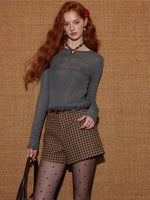 Brown Plaid Wool Belted Shorts