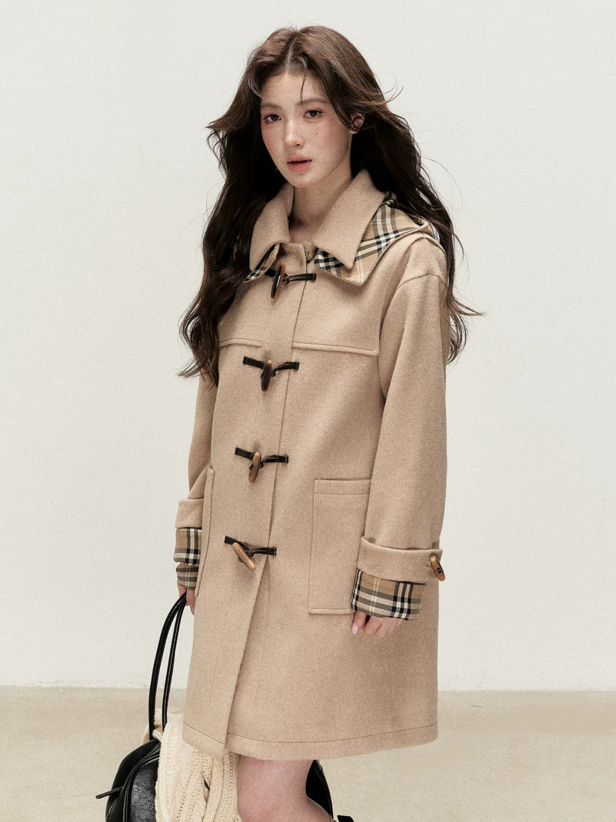 Plaid Hooded Wool Duffle Coat