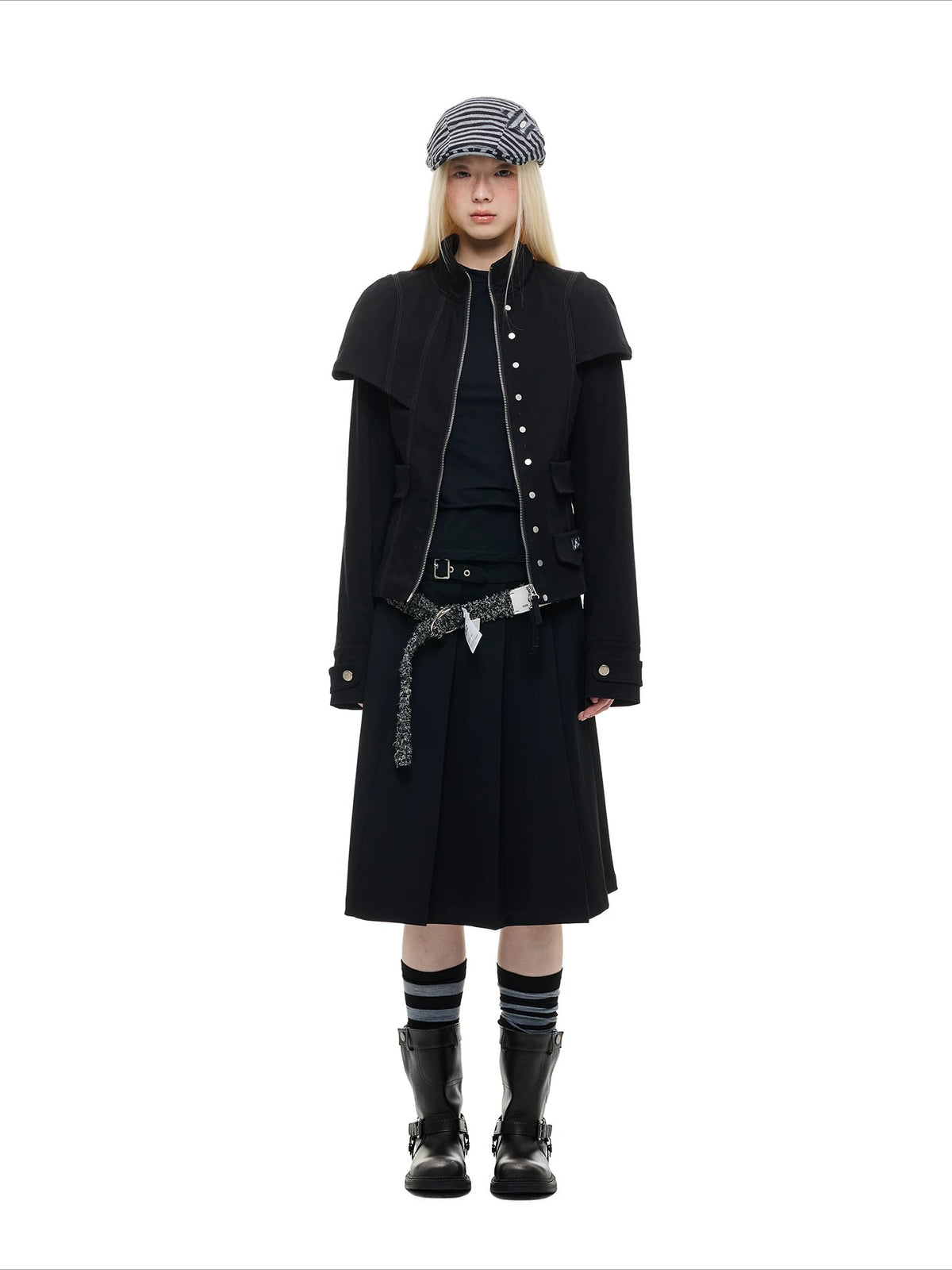 Double Zip Stand Collar Cropped Jacket