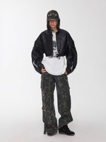 Letter Print Structured Cropped Moto Leather Jacket