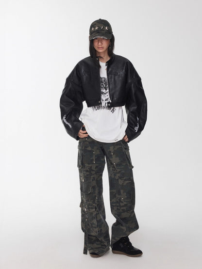 Letter Print Structured Cropped Moto Leather Jacket