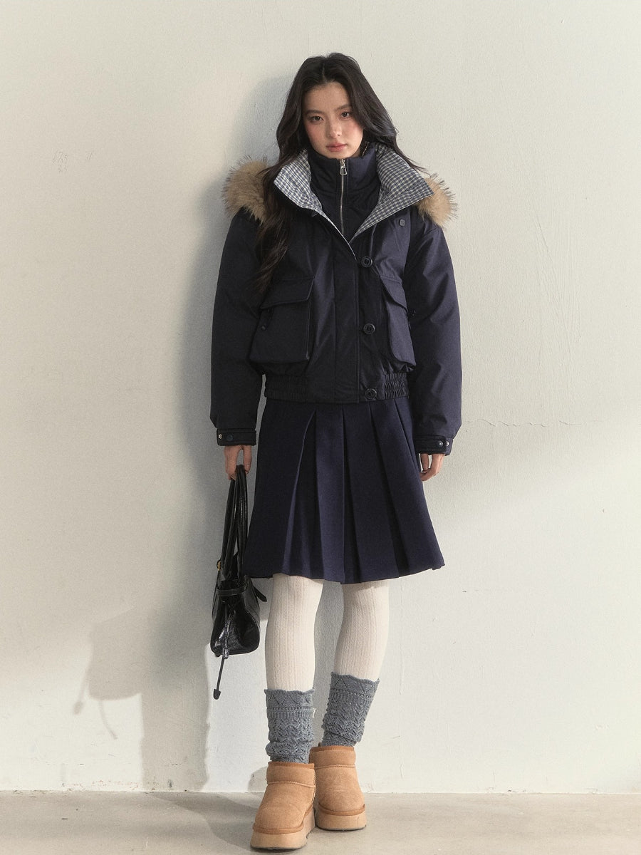 “Flowing Glacier” Patchwork Down Jacket with Fur Collar