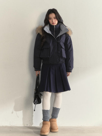 “Flowing Glacier” Patchwork Down Jacket with Fur Collar