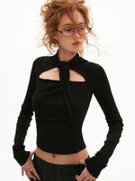 Cutout Lace-Up Fitted Long Sleeve Top