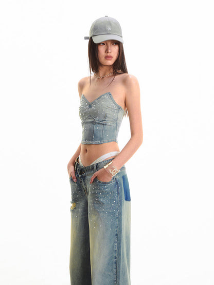 Waist-enhancing Rhinestone Denim Bustier