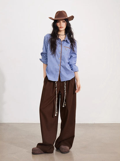 Black &amp; Brown Belted Wool Wide-Leg Pants