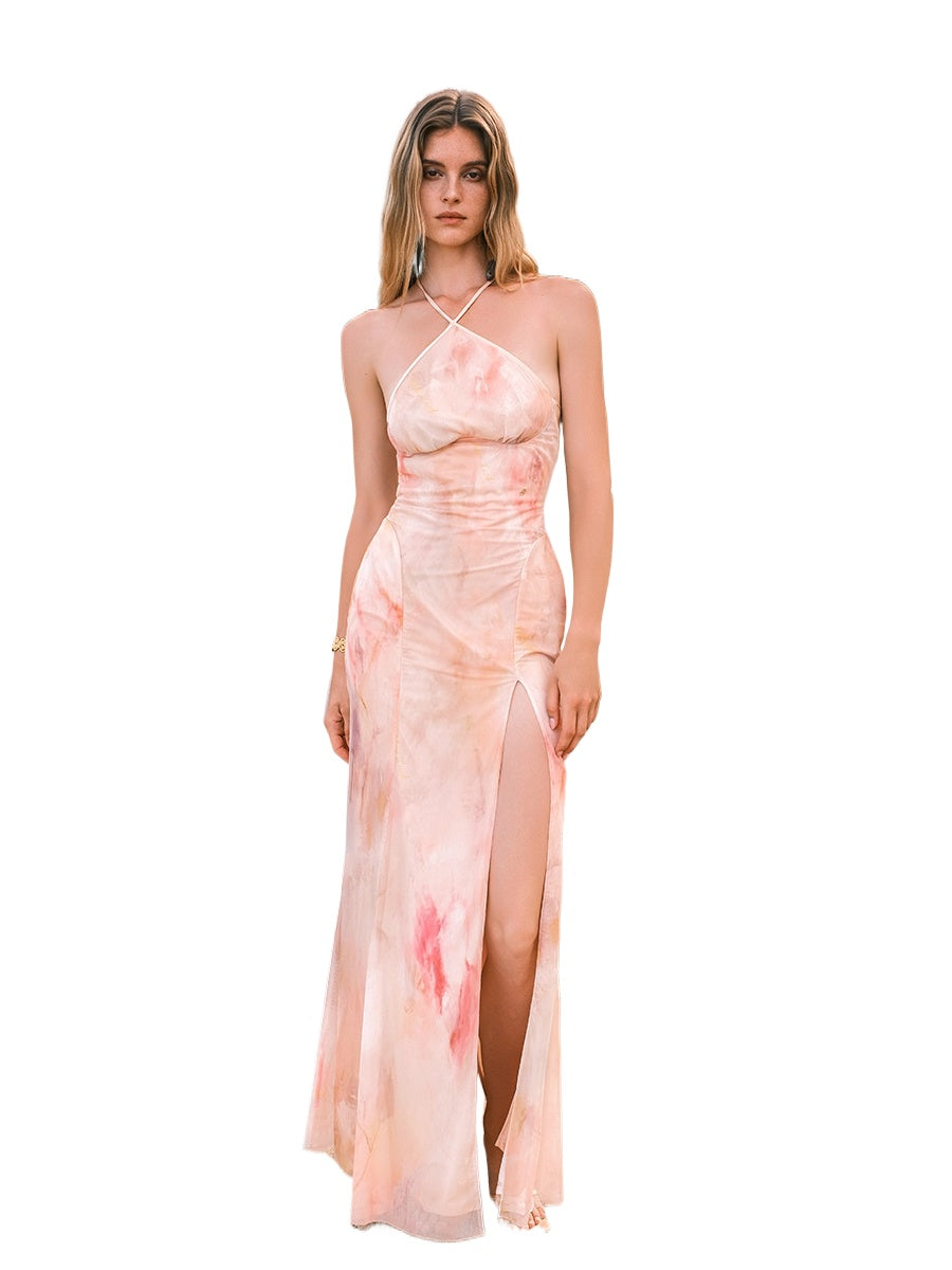 Net Fabric Halter Neck Backless High Slit Floral Print Dress