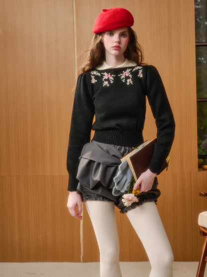 Hand-Embroidered Peter-Pan Collar Knit Top