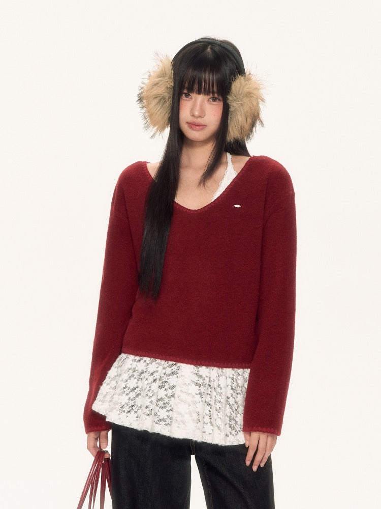 Red Lace Halter Knit 2-piece Set