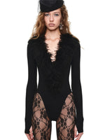 Lamb Fur V-Neck Knit Bodysuit