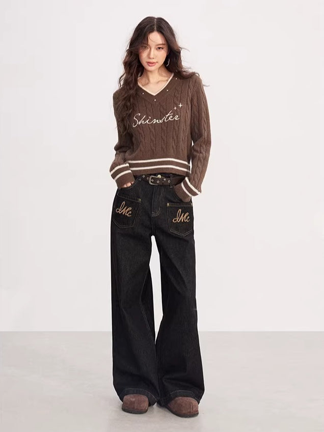 Vintage Black Denim Embroidered Wide Leg Pants