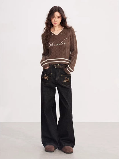 Vintage Black Denim Embroidered Wide Leg Pants