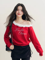 Red Pearl Ruffle Off-Shoulder Sweatshirt