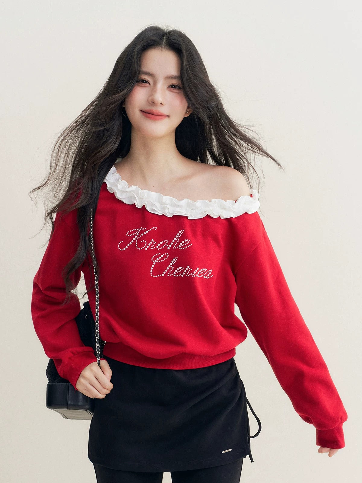 Red Pearl Ruffle Off-Shoulder Sweatshirt