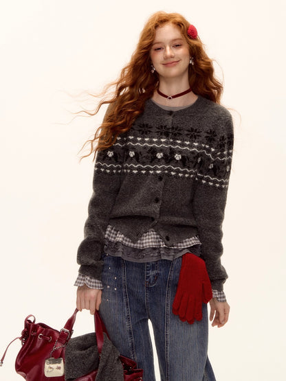 Fair Isle Knit Cardigan and Scarf Set