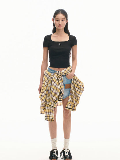 Double Sleeve Faux Two-piece Plaid Print Top