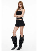 Black Halter Lace Trim Skirt Set