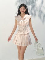 Navy Collar Lyocell Waist-cinching Shirt & Skirt Set