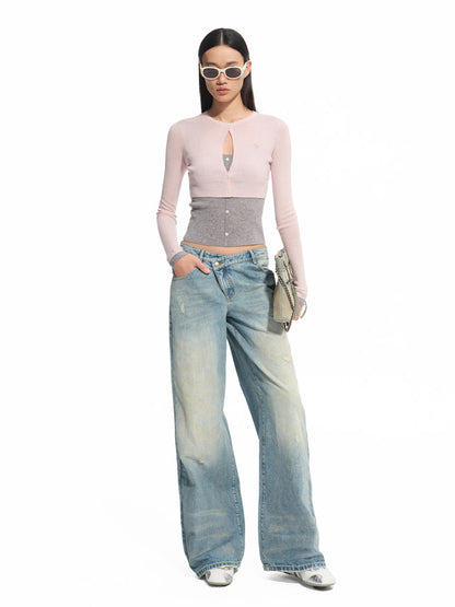 Fake Two-piece Layered Contrast-color Top
