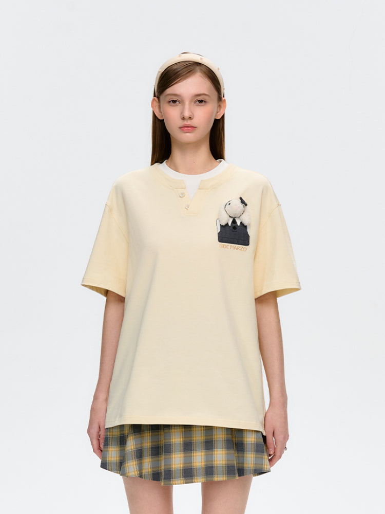 Pocket Doll Fake Two-piece Cotton T-shirt