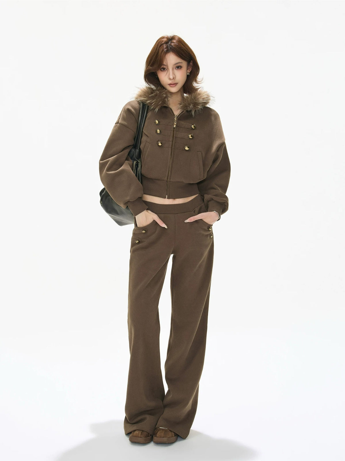 Caramel Hooded Cropped Wide-Leg Set