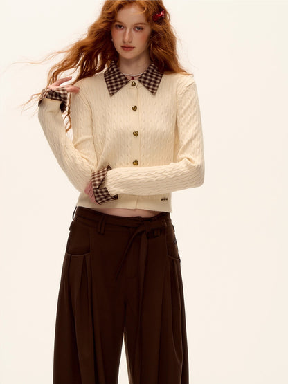 Plaid-Collar Cable Knit Top