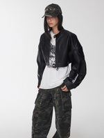 Letter Print Structured Cropped Moto Leather Jacket