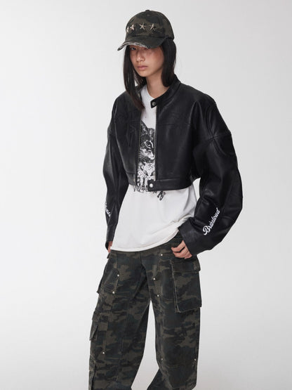 Letter Print Structured Cropped Moto Leather Jacket
