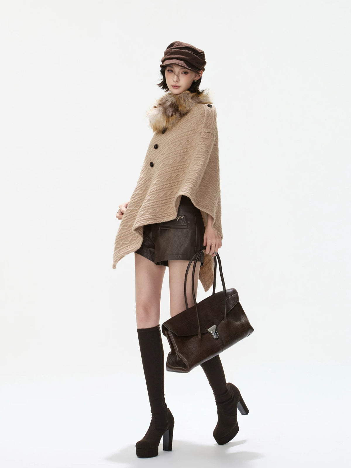 Detachable Fur Collar Cable Knit Cape