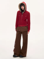 Red Fur Trim Hooded Fitted Cardigan