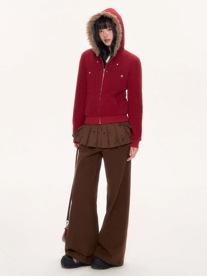 Red Fur Trim Hooded Fitted Cardigan