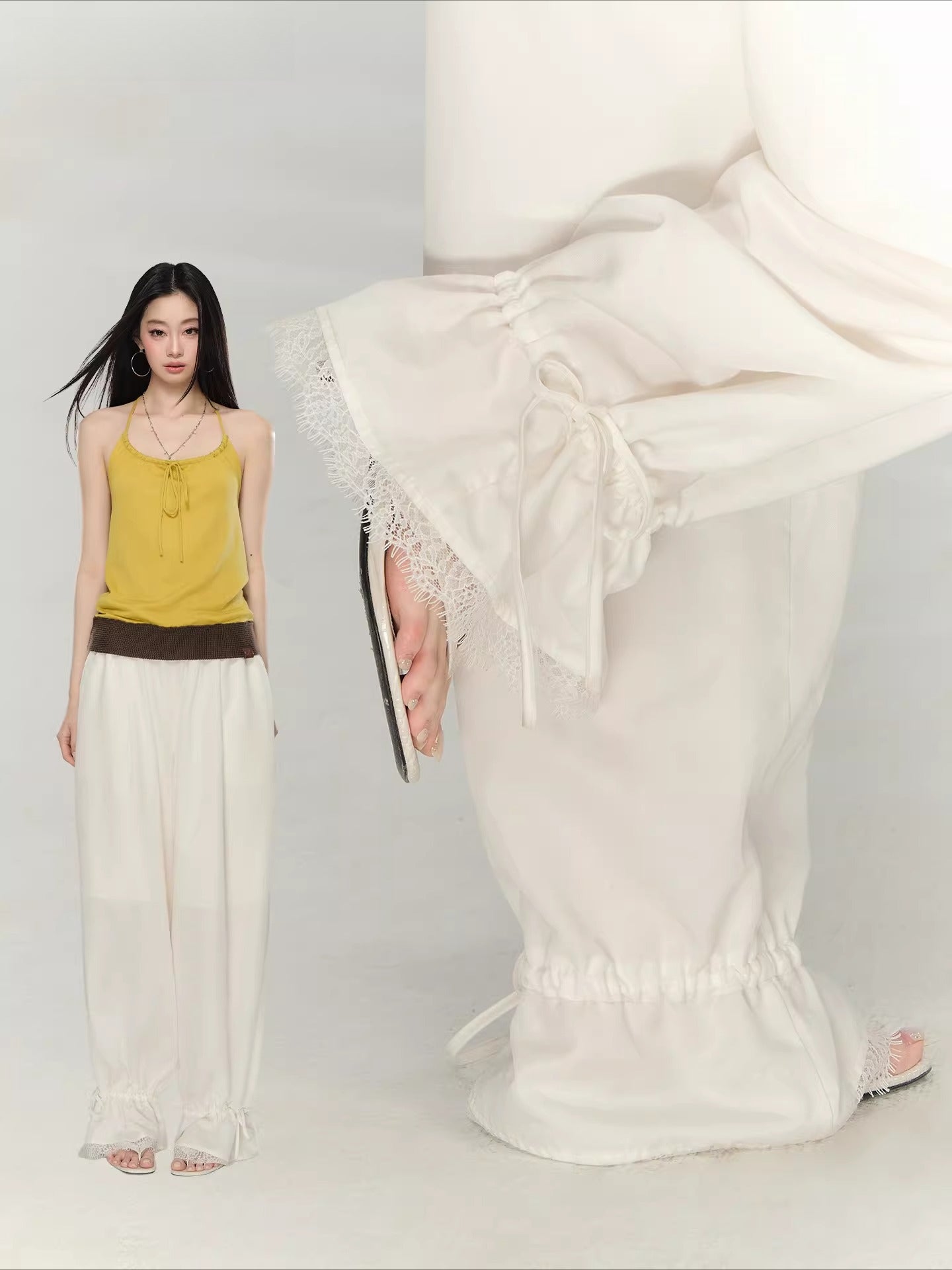 Lace Panel Wide-Leg Pants