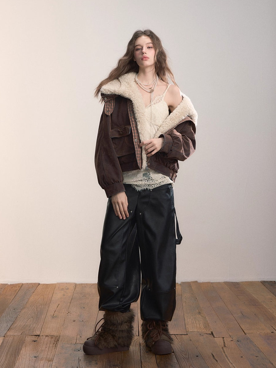 Velvet Denim Oversized Fur Collar Down Jacket