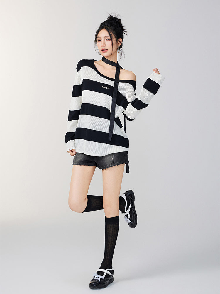 Hollow Stripe Oversized Sun Protection Shirt