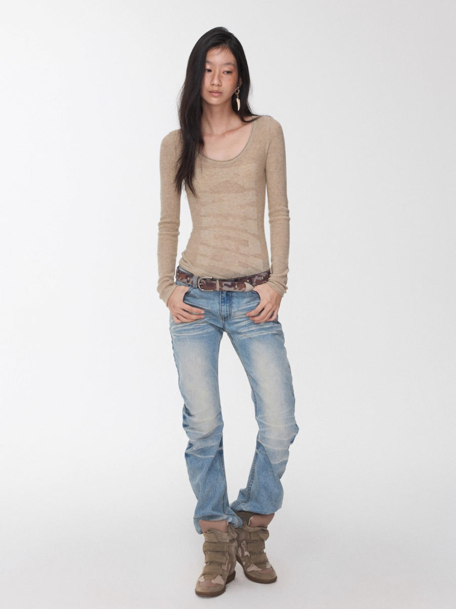 Vintage Pleated Washed Denim Curved Jeans