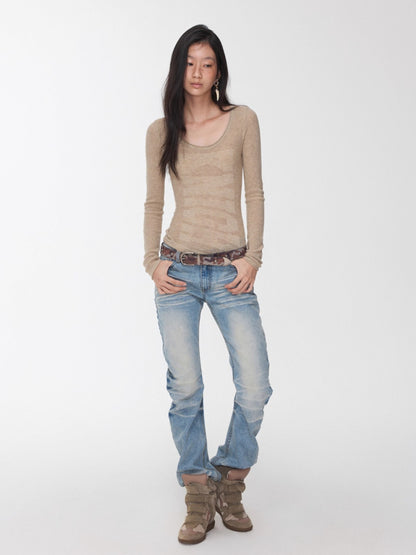 Vintage Pleated Washed Denim Curved Jeans