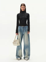 Denim Pleated Wide Leg Pants