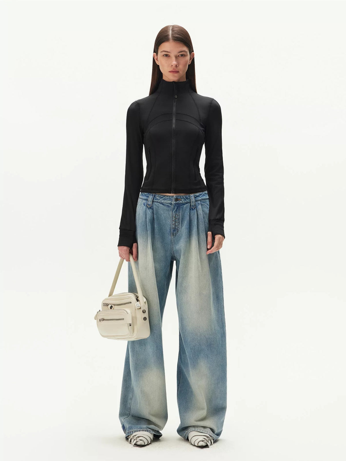 Denim Pleated Wide Leg Pants