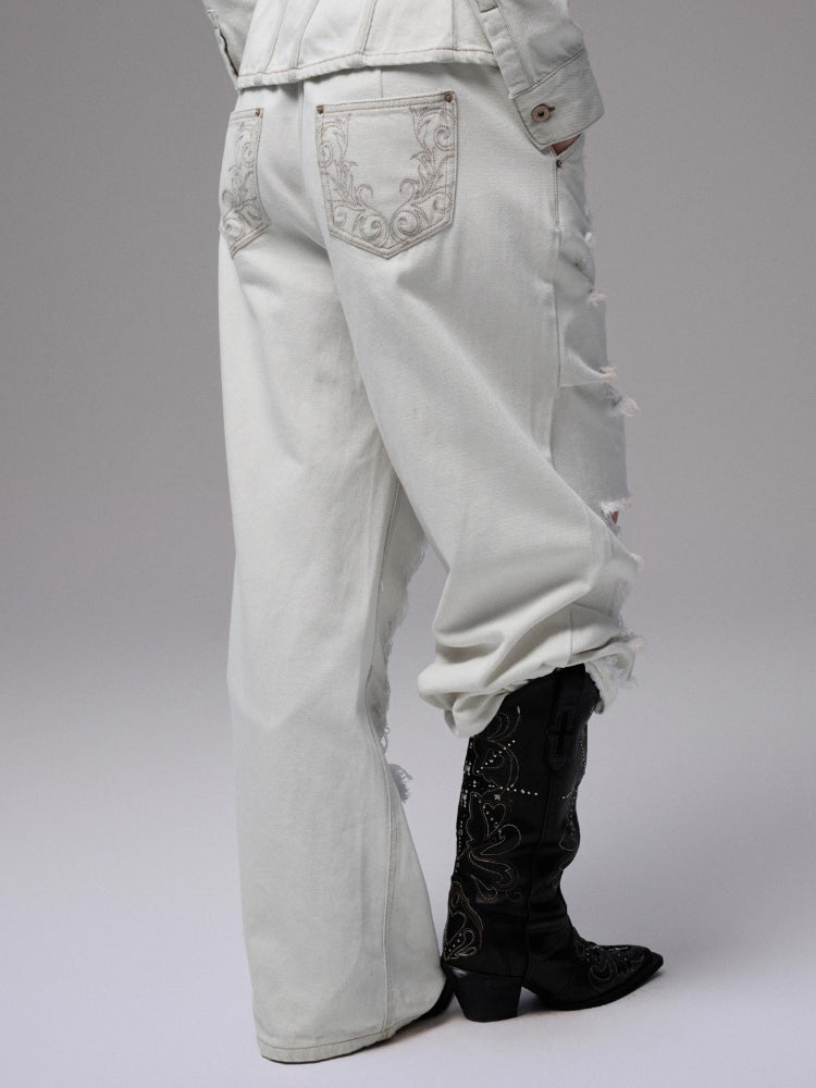 Distressed White Ripped Wide-leg Pants